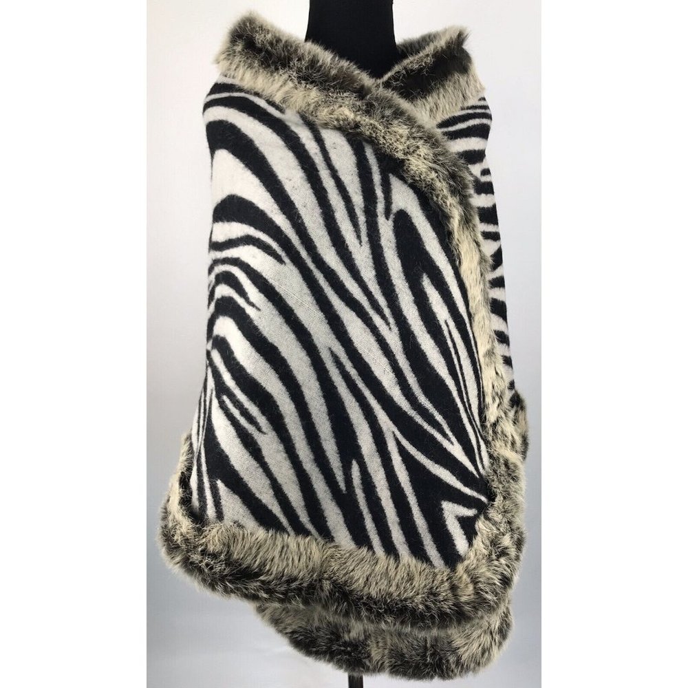 Sao Paula Womens Zebra Print Wool Fur Trim Wrap Shawl Brown Black Animal Print
